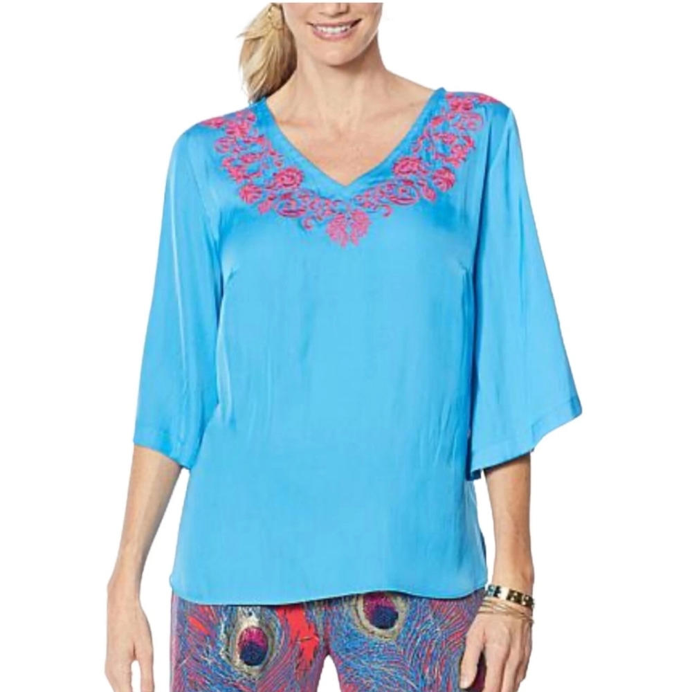 3x Plus Size Iman Luxury Kaftan Blue Embroidered Top Blouse Shirt Womens Dressy